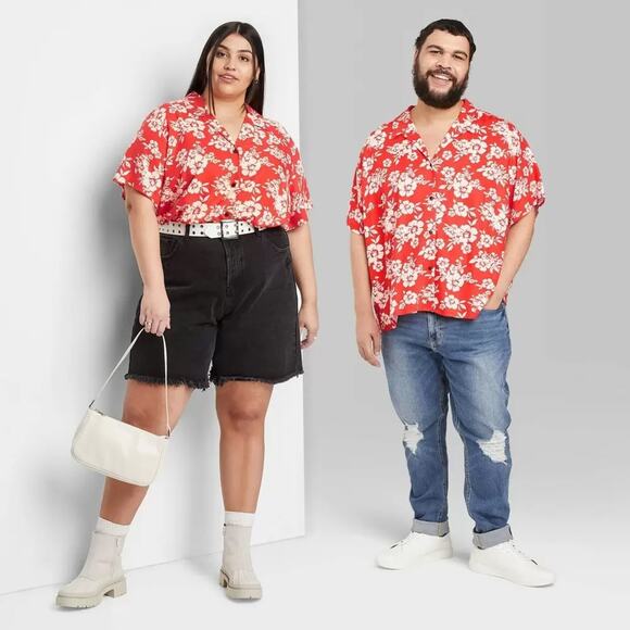 Tropical Shirt Camp Button Down Wild Fable Red Floral 2X Unisex Hawaiian Floral - Picture 3 of 7